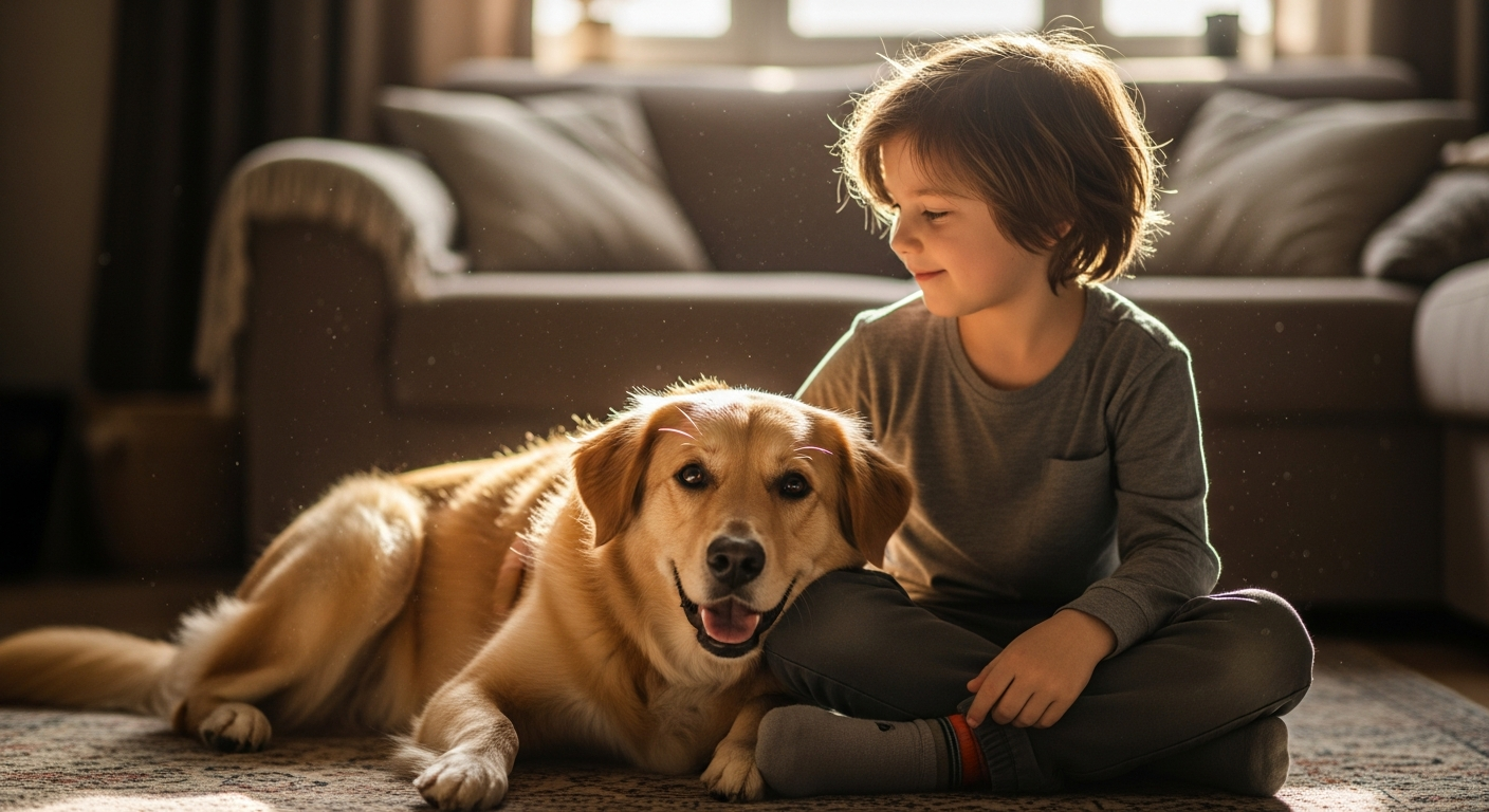 Un enfant assis par terre à côté d'un chien calme, salon lumineux en arrière-plan